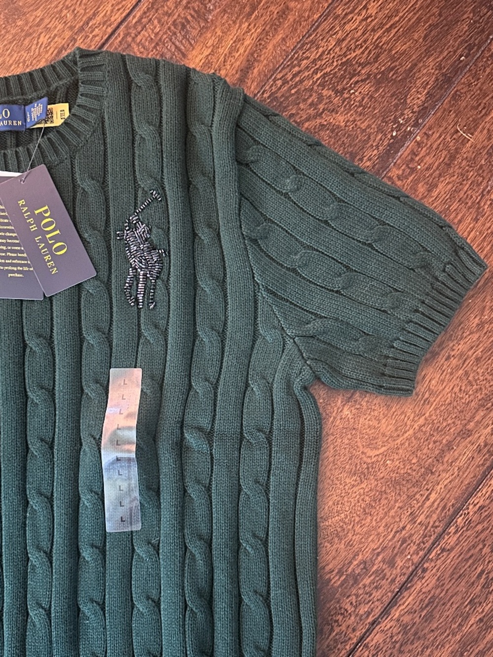 NWT Polo Ralph Lauren Retired Beaded Big Pony Cable Knit Short Sleeve Sweater L